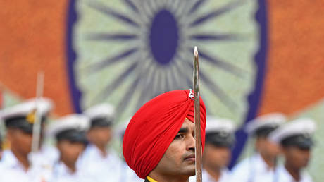 Indian soldiers participate in a full-dress rehearsal for the country's Independence Day celebrations at Red Fort in New Delhi on August 13, 2023.