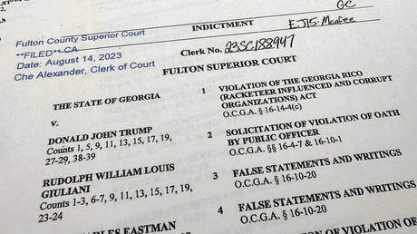 The indictment in Georgia against former President Donald Trump is photographed Monday, August 14, 2023