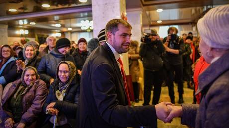 Ilan Shor meets with supporters during a campaign event in Comrat, Moldova, February 15, 2019