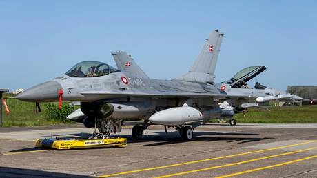 A Danish F-16 fighter jet is pictured at the Fighter Wing Skrydstrup Air Base near Vojens, Denmark on May 25, 2023.