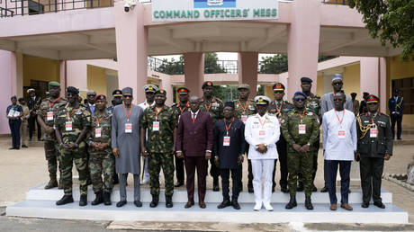 The defense chiefs from the Economic Community of West African States (ECOWAS) countries excluding Mali, Burkina Faso, Chad, Guinea and Niger, pose for a group photo during their extraordinary meeting in Accra, Ghana, Thursday, Aug. 17, 2023, to discuss the situation in Niger.