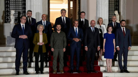 Serbian president Aleksandar Vucic (left) poses with 'Western Balkans' leaders and Ukrainian president Vladimir Zelensky in Athens, Greece, August 21, 2023.