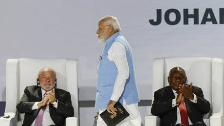 Prime Minister of India Narendra Modi delivers remarks during the 2023 BRICS Summit at the Sandton Convention Centre in Johannesburg on August 22, 2023