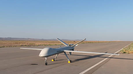 A newly unveiled Iranian drone, Mojaher-10.