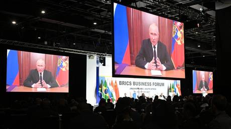 Participants watch the broadcast of the address of Russian President Vladimir Putin during the15th BRICS Summit in Johannesburg, South Africa.