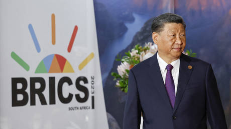 President of China Xi Jinping arrives at the 2023 BRICS Summit in Johannesburg.