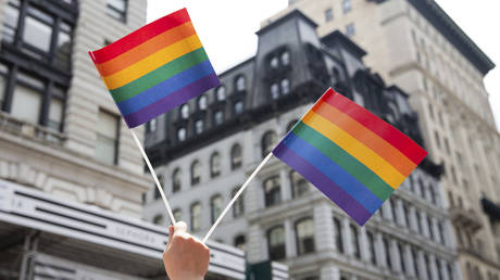 FILE PHOTO: An attendee holds up flags during a pride parade in New York City, June 24, 2018