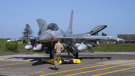 A Danish F-16 fighter aircraft is pictured at air base of the Royal Danish Air Force (RDAF) Fighter Wing Skrydstrup near Vojens, on May 25, 2023.