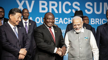 South African President Cyril Ramaphosa with fellow BRICS leaders President of China Xi Jinping and Prime Minister of India Narendra Modi