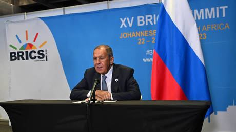 Russian FM Sergey Lavrov speaks with reporters in Johannesburg, South Africa, August 24, 2023.