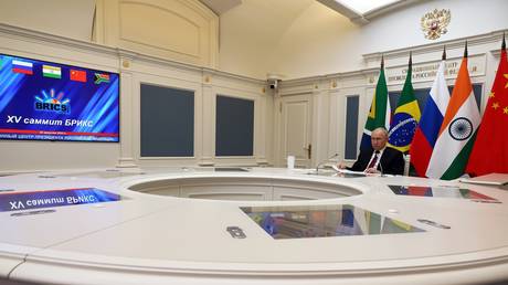 FILE PHOTO: Russian President Vladimir Putin virtually attends an informal meeting of BRICS leaders