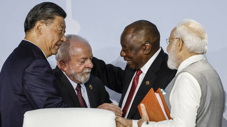 (From L to R) President of China Xi Jinping, President of Brazil Luiz Inacio Lula da Silva, South African President Cyril Ramaphosa and Prime Minister of India Narendra Modi at the 2023 BRICS Summit in Johannesburg on August 24, 2023