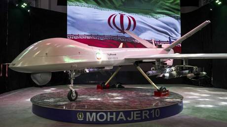 A 'Mohajer 10' drone is displayed at Iran's defence industry achievements exhibition in Tehran, Iran, August 23, 2023