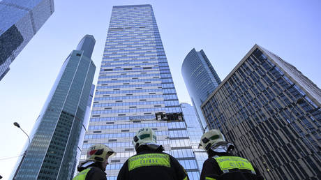 A view of a damaged skyscraper after a drone attack in the 'Moscow City' business district in Moscow, Russia, July 30, 2023