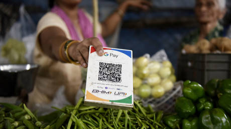 UPI (Universal Payments Interface) code is seen in a vegetable shop in Mumbai, India, 01 August, 2022.