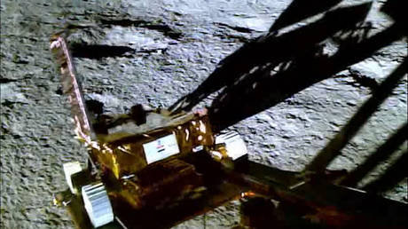 The Chandrayaan-3 rover pictured as it maneuvered from the lunar lander to the surface of the Moon.