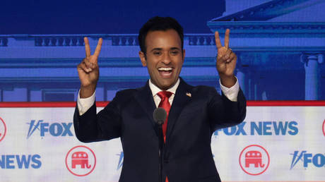 Republican presidential candidate Vivek Ramaswamy gestures during the party's first primary debate on Wednesday in Milwaukee.
