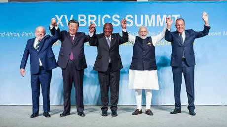 Representatives of Brazil, China, South Africa, India and Russia at the BRICS summit in Johannesburg, South Africa, August 23, 2023.