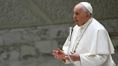 Pope Francis adresses the crowd during the weekly general audience.