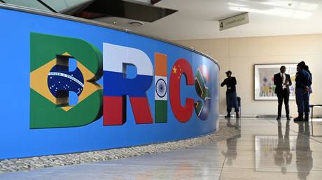 A banner depicting the logo of BRICS is seen during the 15th BRICS Summit in Johannesburg, South Africa