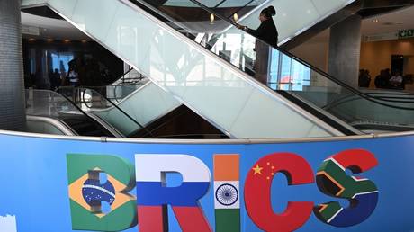 A banner depicting the logo of BRICS is seen during the 15th BRICS Summit in Johannesburg, South Africa.