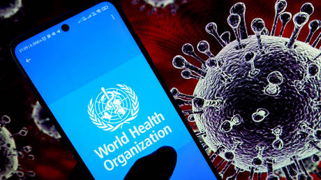 FILE PHOTO: World Health Organization (WHO) logo is seen displayed on an android mobile phone with a covid illustration in the background.