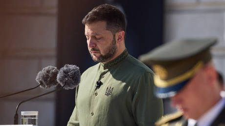 Ukraine's President Vladimir Zelensky attends a ceremony marking Ukraine's Independence Day in Kiev