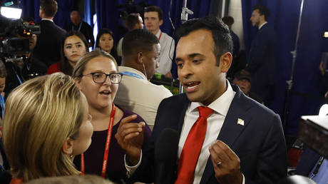 Vivek Ramaswamy speaks to a reporter following the first Republican Presidential primary debate in Milwaukee, Wisconsin, on August 23, 2023