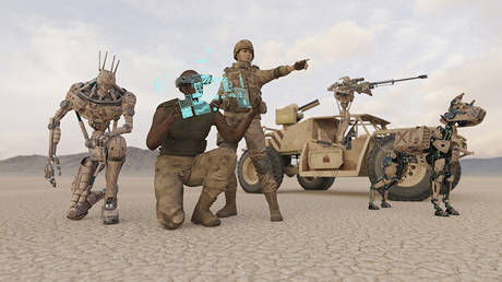 Futuristic soldiers and robot dog in desert - stock photo