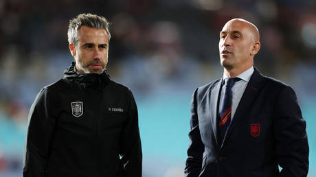 Jorge Vilda, Head Coach of Spain, talks with Luis Rubiales, President of the Royal Spanish Football Federation prior to the FIFA Women's World Cup Australia & New Zealand 2023 Final match between Spain and England at Stadium Australia on August 20, 2023 in Sydney