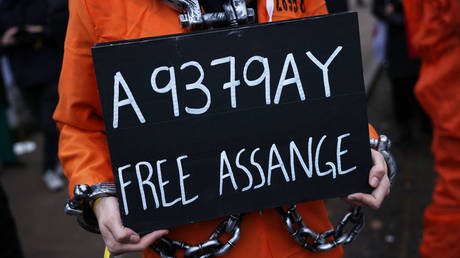 File photo: A supporter of Julian Assange wears a costume with his prisoner number, A9379AY, at a protest in Westminster, February 11, 2023.