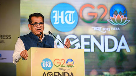 India's G20 sherpa Amitabh Kant addressing the HT G20 Agenda event at Shangri-La Eros at Janpath on July 11, 2023 in New Delhi, India