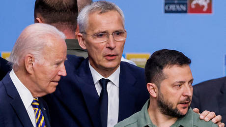 (From L) US President Joe Biden, NATO Secretary General Jens Stoltenberg and Ukraine's President Vladimir Zelensky at the NATO summit in Vilnius on July 12, 2023