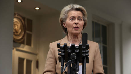 President of European Commission Ursula von der Leyen speaks to members of the press after a bilateral meeting with U.S. President Joe Biden in the Oval Office of the White House on March 10, 2023 in Washington, DC.