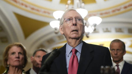 Senate Minority Leader Mitch McConnell, R-Ky., speaks to reporters after a closed-door GOP strategy meeting, at the Capitol in Washington, Wednesday, Sept. 6, 2023.