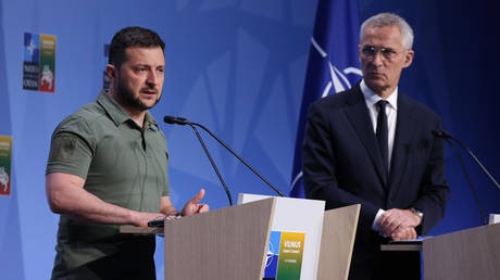 FILE PHOTO: Ukrainian President Vladimir Zelensky (L) and NATO Secretary General Jens Stoltenberg during the NATO summit in Vilnius, Lithuania