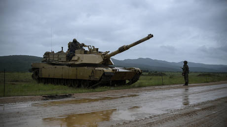 A M1A2 Abrams battle tank is pictured during a joint military tactical training exercise "Balkan Sentinel 21" with Bulgaria and Georgia on May 31, 2021.