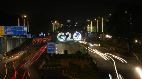 Traffic moves near the main venue of the G20 Summit, in New Delhi, India, Friday, Aug. 25, 2023.
