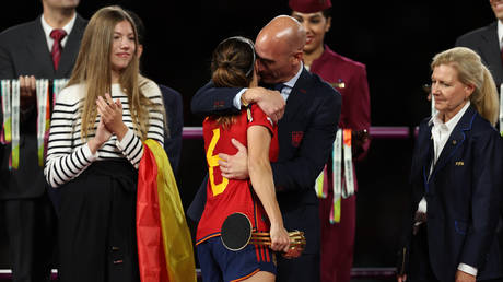 Luis Rubiales, President of the Royal Spanish Federation greets Aitana Bonmati of Spain after the FIFA Women's World Cup Australia & New Zealand 2023 Final match between Spain and England at Stadium Australia on August 20, 2023 in Sydney, Australia