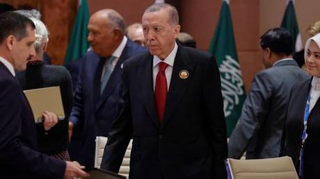 Turkish President Recep Tayyip Erdogan during a working session of the G20 Leaders' Summit at the Bharat Mandapam in New Delhi.