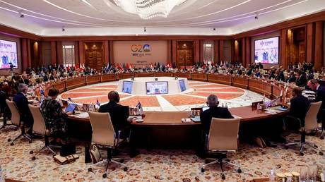 Leaders of the G20 nations attend the second working session of the G20 Leaders' Summit at Bharat Mandapam in New Delhi.