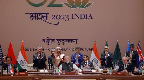 Indian Prime Minister Narendra Modi looks on during at the start of the second working session of the G20 Leaders' Summit in New Delhi, India, September 9, 2023