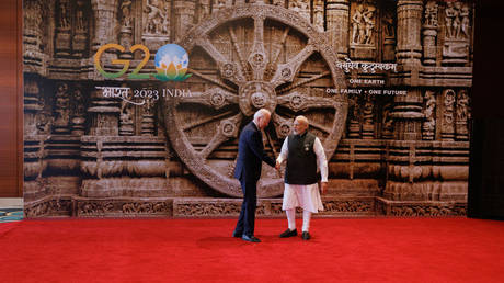 Prime Minister Narendra Modi of India welcomes US President Joe Biden to the G20 Leaders' Summit on September 9, 2023 in New Delhi, Delhi.