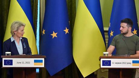 Ukrainian President Vladimir Zelensky (R) and European Commission President Ursula von der Leyen make statements following talks in Kiev, Ukraine, June 11, 2022
