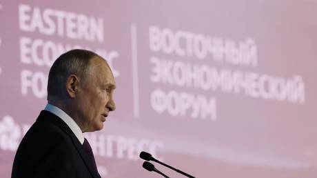 Russian President Vladimir Putin delivers a speech during a plenary session of 2023 Eastern Economic Forum (EEF) at the Far Eastern Federal University on Russky Island in Vladivostok, Russia, on September 12, 2023.