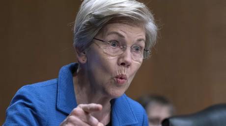 Elizabeth Warren speaks during a Senate Committee on Banking, Housing and Urban Affairs hearing on Capitol Hill in Washington DC, April 27, 2023