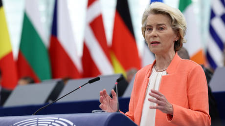 European Commission President Ursula von der Leyen gives her annual State of the Union address during a plenary session at the European Parliament on September 13, 2023, Strasbourg, France