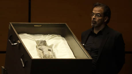 A specimen known as the Nazca Mummy is displayed at the Mexico Public Hearing on Unidentified Anomalous Phenomena in the Chamber of Deputies on September 12, 2023 in Mexico City, Mexico.