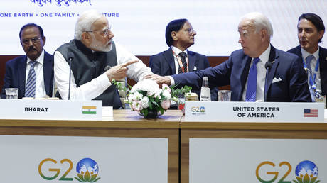 US President Joe Biden, right, and Indian Prime Minister Narendra Modi attend Partnership for Global Infrastructure and Investment event on the day of the G20 summit in New Delhi, India, Sept. 9, 2023.
