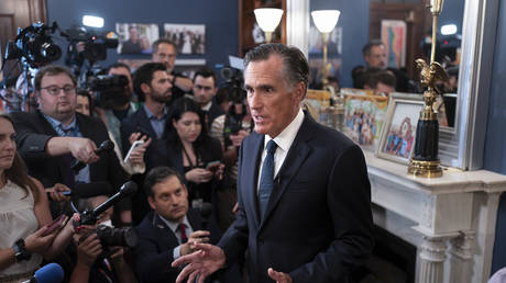 Utah Republican Sen. Mitt Romney says he will not run for reelection in 2024, as he speaks to reporters in his Capitol Hill office in Washington, September 13, 2023
